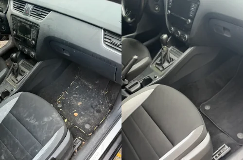 Avant / après du nettoyage intérieur d'une voiture : sièges, tapis et tableau de bord